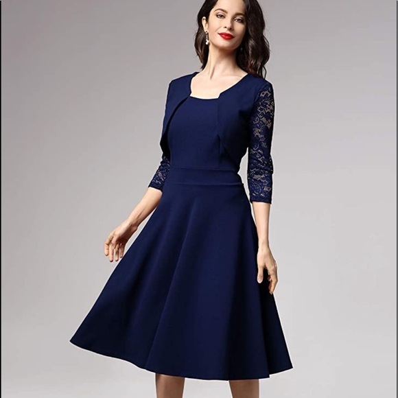 NEW WITH TAGS Navy Blue Dress with Lace Sleeves, Dainty Lace size Medium - Picture 3 of 11